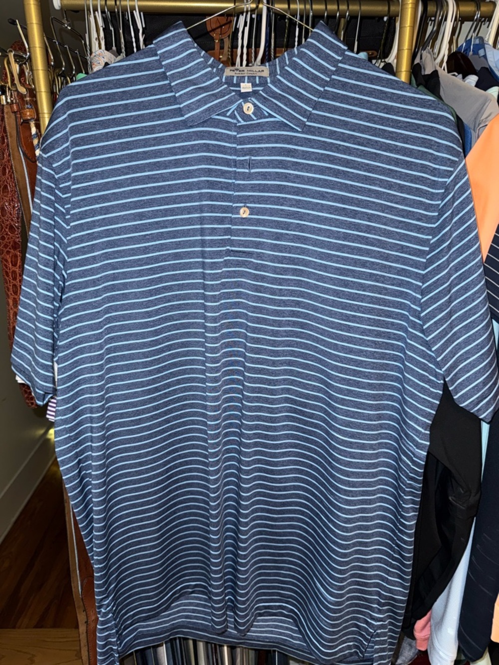 Peter Millar Navy Polo with Light Blue Stripes - Summer Comfort